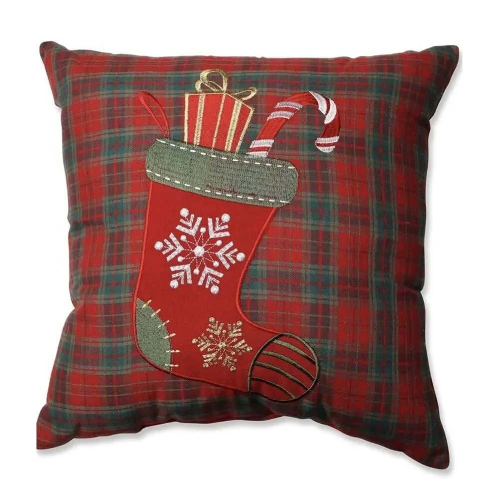 Christmas STOCKING Red/green PLAID Throw Pillow Candy Cane Snowflake 16.5 X 16.5